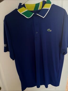 Lacoste Men's Navy Polo with Green & Yellow Striped Collar